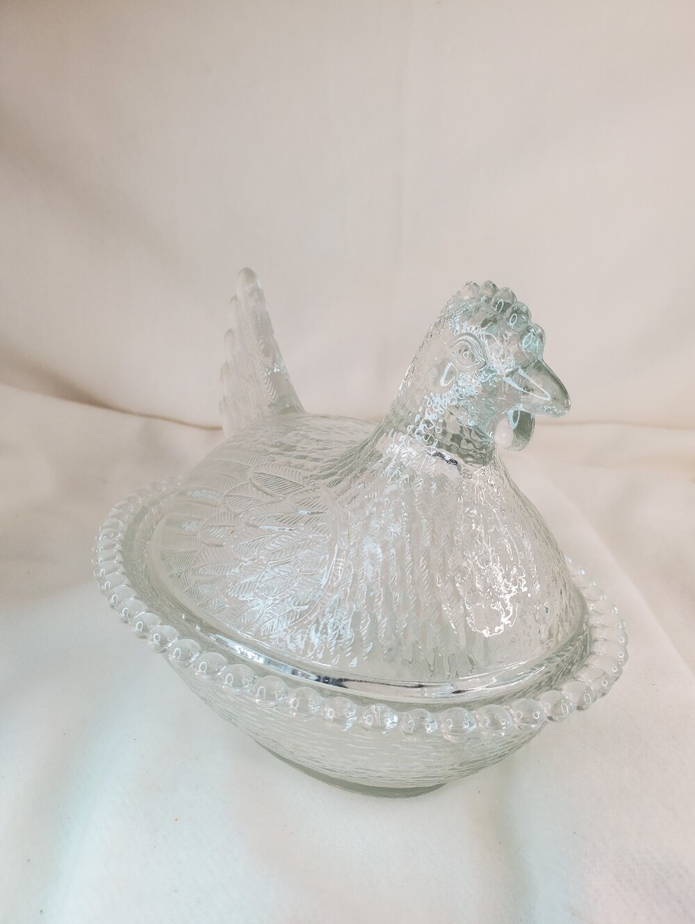 Vintage 7" Indiana Glass Hen on Nest Clear Covered Dish Beaded Rim Candy Dish